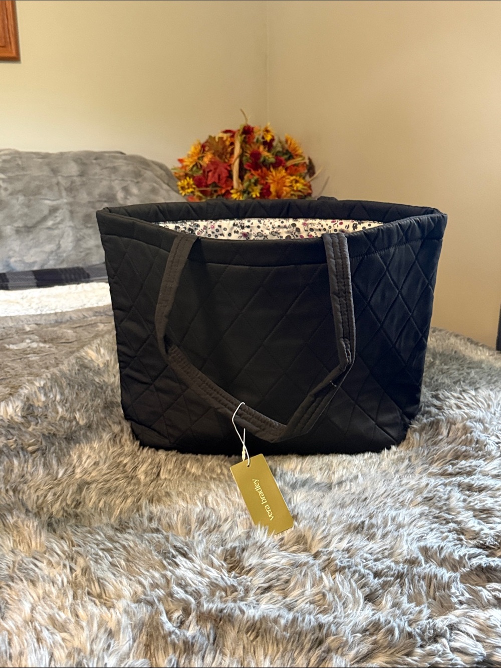 Vera Bradley Black Quilted Tote with Floral Interior